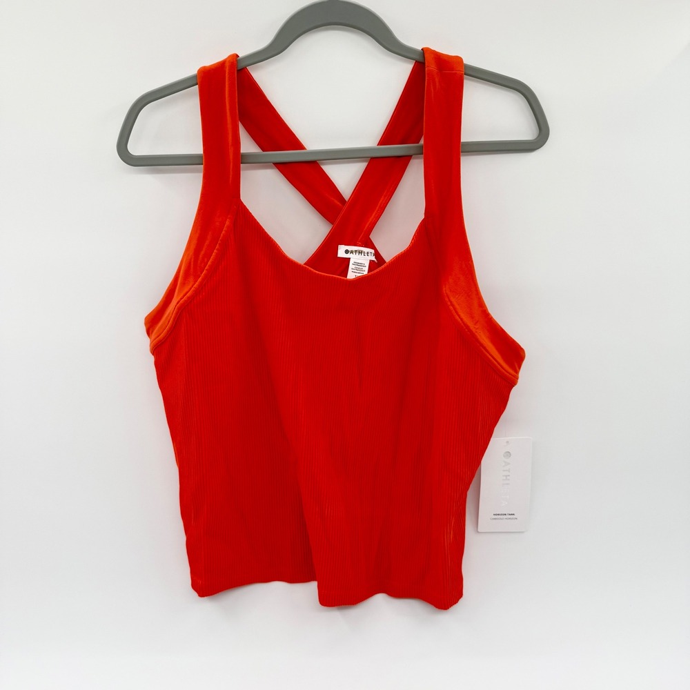 Athleta Horizon Tank Red Orange Ribbed Powervita Cross Back Crop Top 1X 987368‎